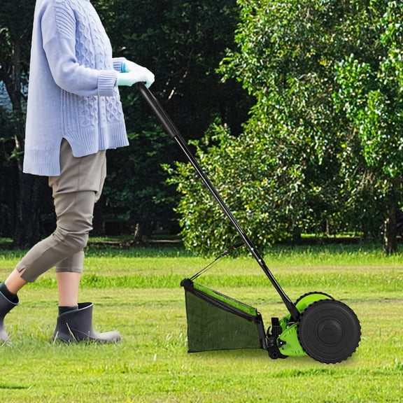 12 Manual Push Reel Lawn Mower Push Lawn Sweeper with 23L Collection Bag, 5 Blades