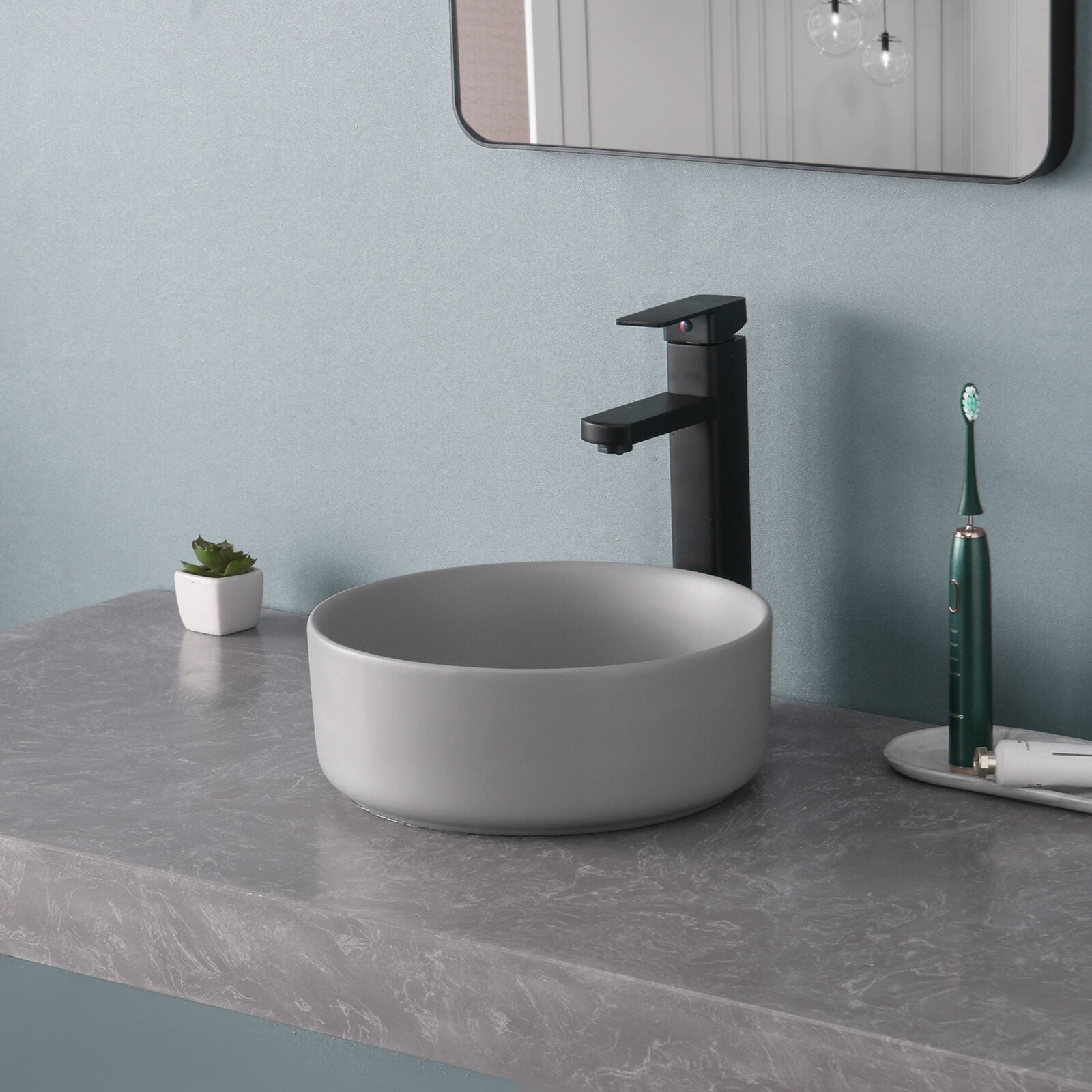 12" Matte Grey Basin with Pop Up Drain Round Countertop Vessel Sink for Bathroom