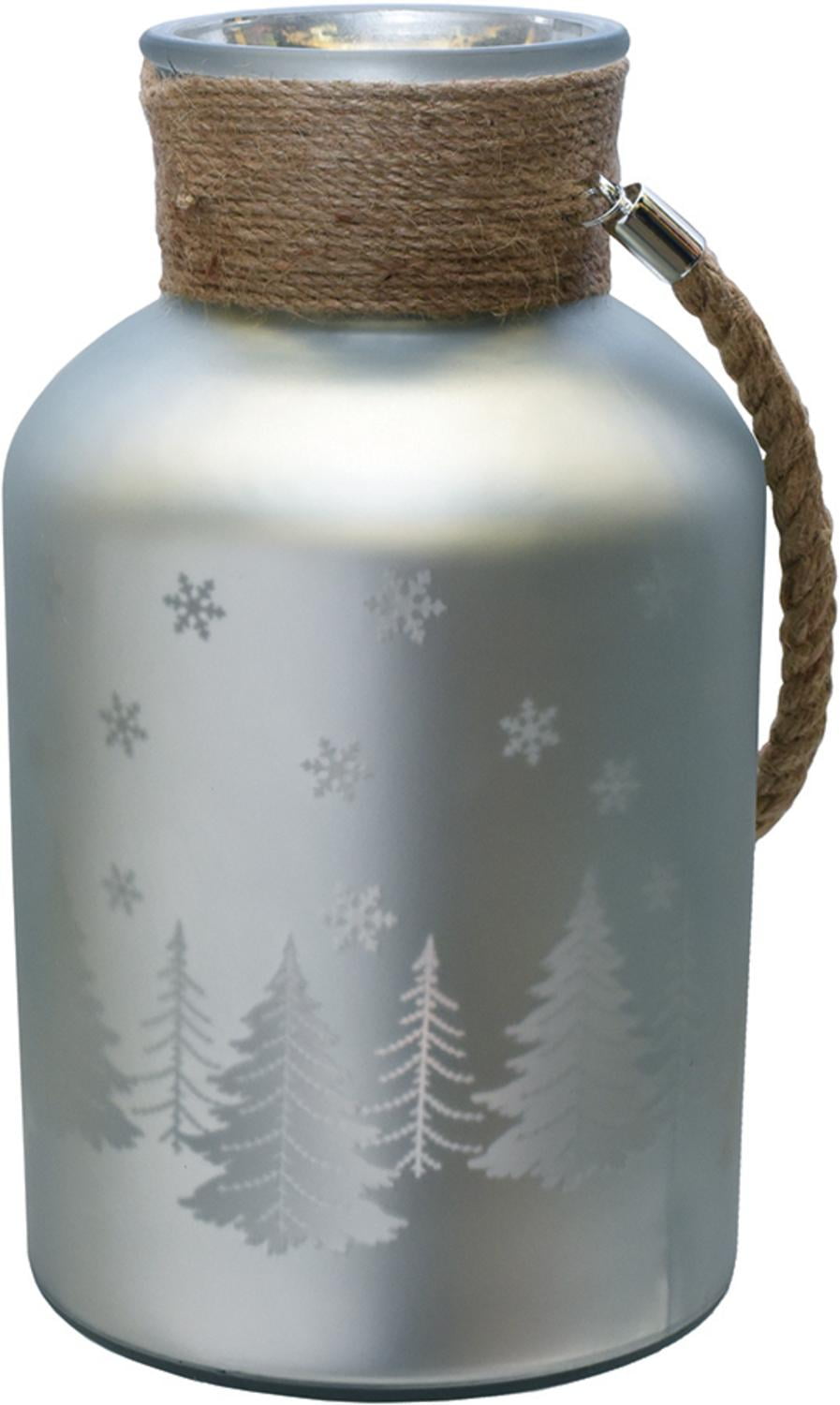 12" Matte Silver Christmas Trees and Snowflakes Decorative Pillar Candle Holder with Handle