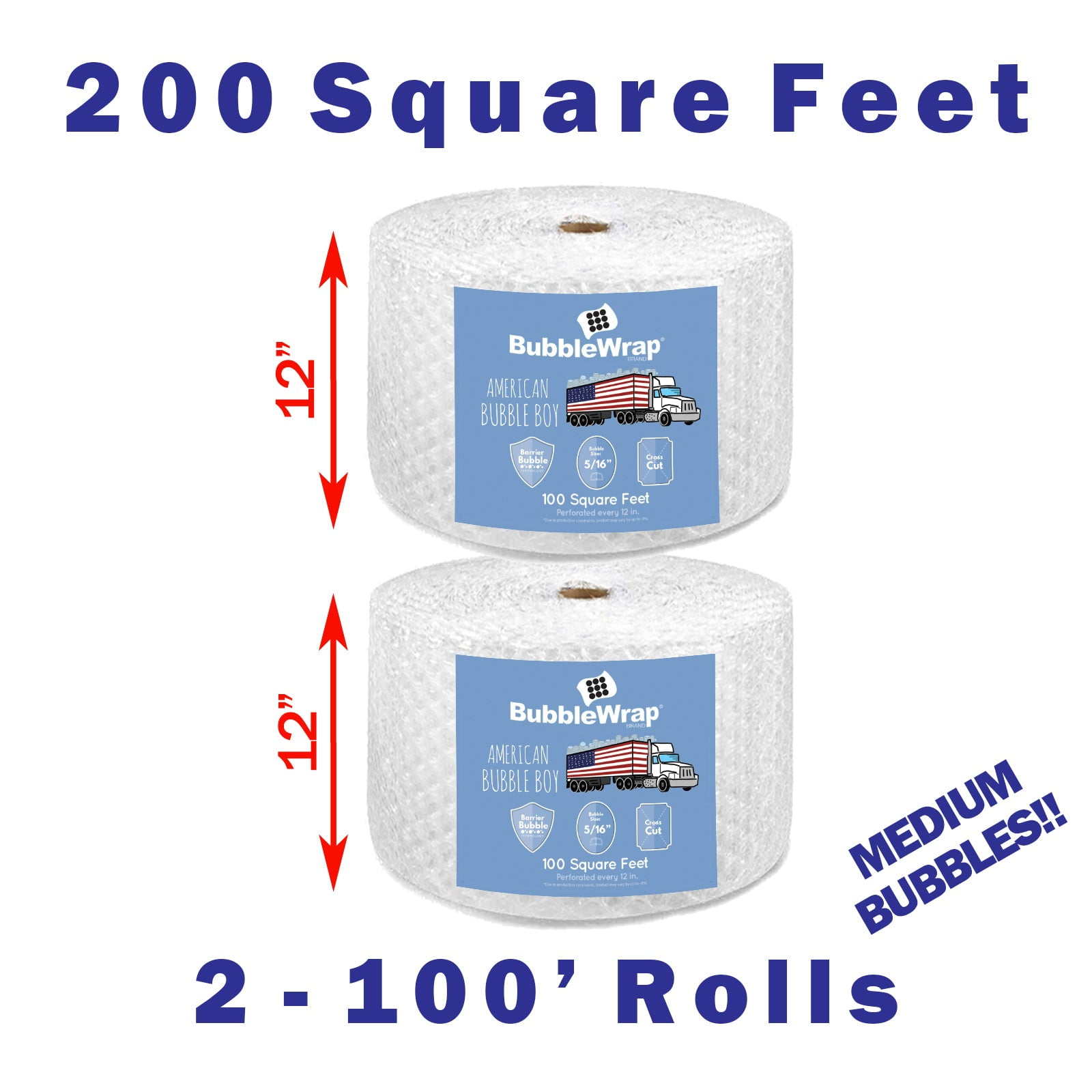 12" Medium (5/16) American Bubble Boy Bubble Wrap- 200 Square feet