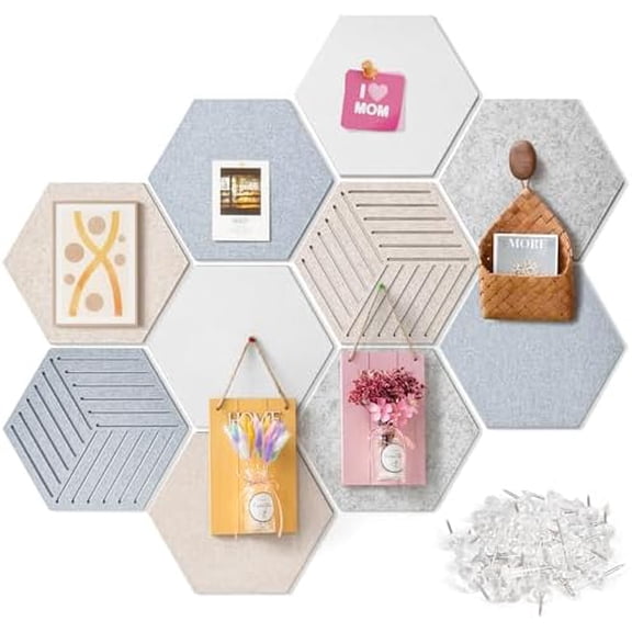 12'' Medium Hexagon Cork-Bulletin Board Tiles Adhesive 10PCS 12x10 inch Frameless Sticky Corkboard Hex Felt Pin Board for Office-Wall Decor, Removable Hexagonal Tack Pinboard with 30 Pushpins$$Office