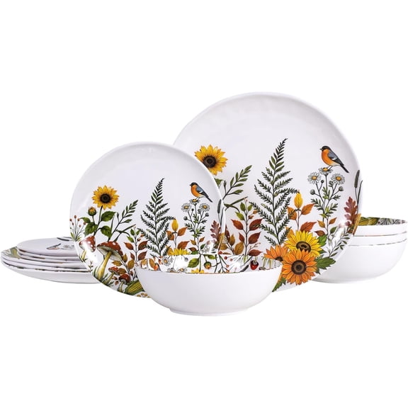 12- Melamine Dinnerware - Sunflower Bird Plates and Bowls Set