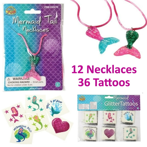 12 Mermaid Necklaces & 36 Mermaid Glitter Tattoos Party Favor Pack - Girls Mermaid Pinata Filler, Birthday Party Supplies, Decorations & Prizes.