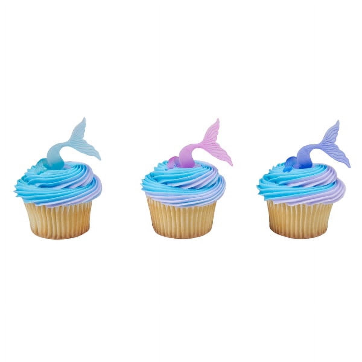 24 Pcs Mermaid Tail Cupcake Toppers - Glitter Pink & Blue Cupcake Picks For Baby Shower, Birthday Parties