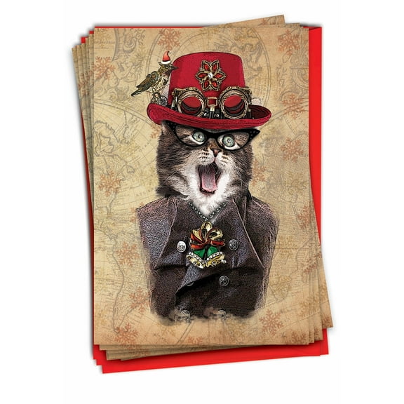 12 Merry Christmas Cards Pack (1 Design, 12 Cards) - Steampunk Cats B6554CXSG