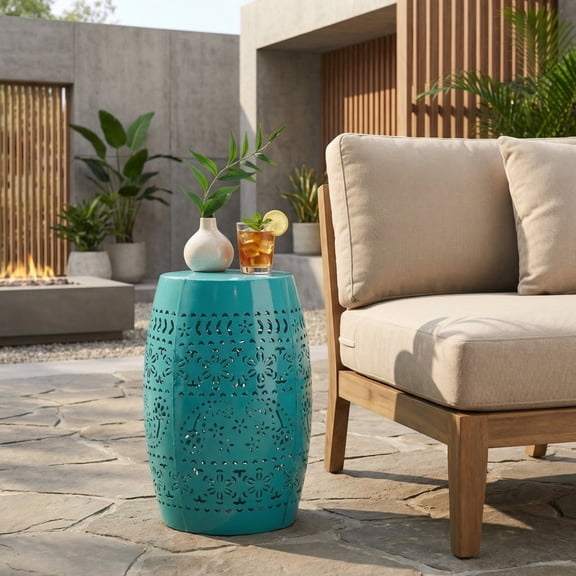 12" Metal Outdoor Side Table, Teal Cutout Floral Pattern Accent Table, Weather Resistant Iron End Table for Patio, Balcony, Garden, Living Room