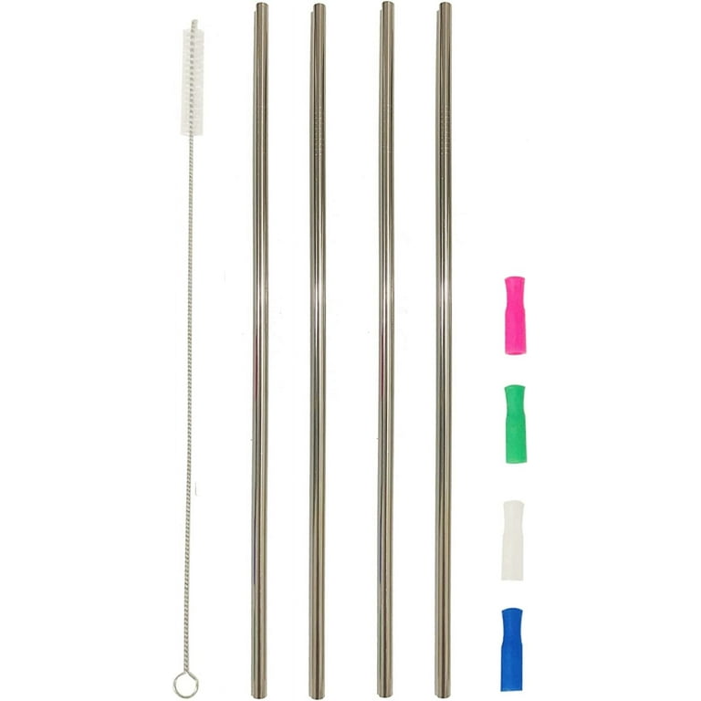 12 inch Metal Straws, 4pcs Ultra Long 0.24 inch Diameter Reusable Straight Stainless Steel Drinking Straws with Silicone Tips and Cleaning Brush for