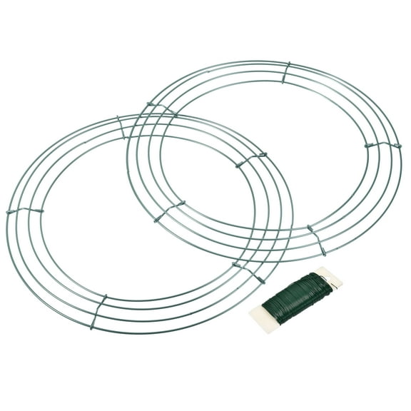 12" Metal Wire Wreath Frame 2 Pack with 1 Roll Flexible Paddle Wire, Green