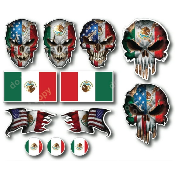 12 Mexican skull Mexico American Flag 3M Sticker Decal Latino USA Country Pride - for car truck window bumper phone case computer laptop - Free decals with every order!