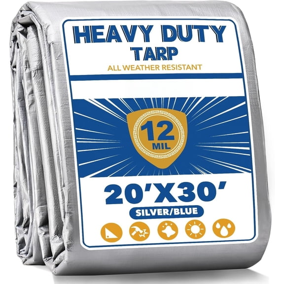 12 Mil Heavy Duty Tarp with Metal Grommets, 20x30 ft, & Blue Reversible Poly Tarp for Outdoor Protection, Yard, , Pools, , Equipment Coverage