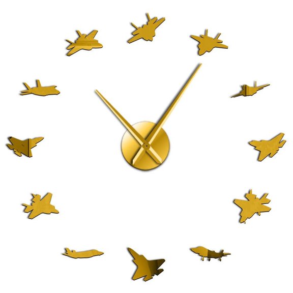 12 Military Aircrafts Kit Decoration Long Hands 3D DIY Wall Clock Fighter Aircrafts Design Acrylic Mute Clock Watch Gift For Him(Gold,27inch)
