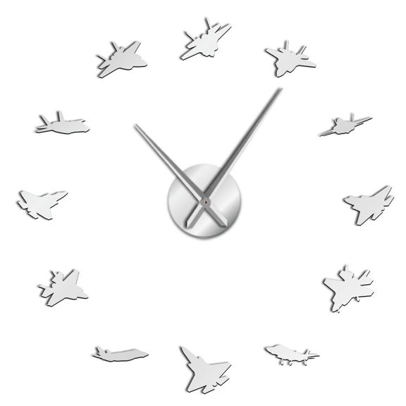 12 Military Aircrafts Kit Decoration Long Hands 3D DIY Wall Clock Fighter Aircrafts Design Acrylic Mute Clock Watch Gift For Him(Silver,27inch)