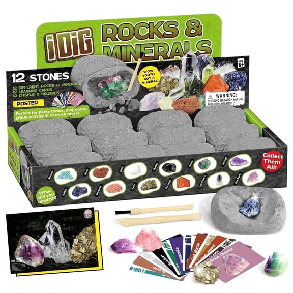 Piano Potato 12-Pack Rock and Mineral Dig Kit - Individually Wrapped Excavation Blocks with Real Gemstones & Tools, STEM Party Favors Ages 6-12