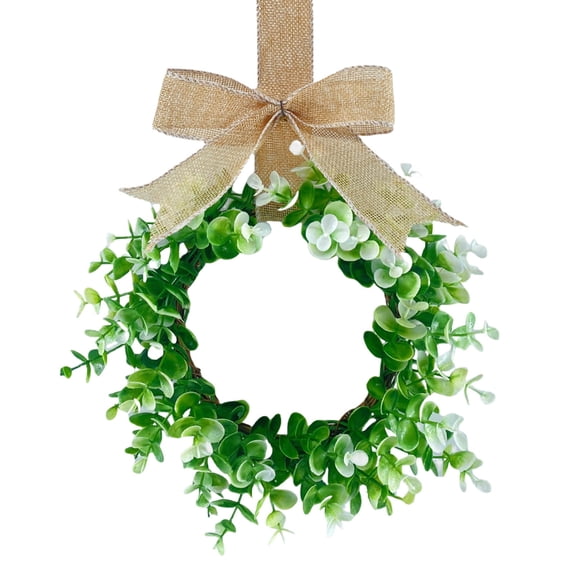 12" Mini Boxwood Wreath Artificial Greenery Farmhouse Wreath with Burlap Ribbon for Front Door Kitchen Cabinet Porch Wall Window Decor, Beige, Wreath