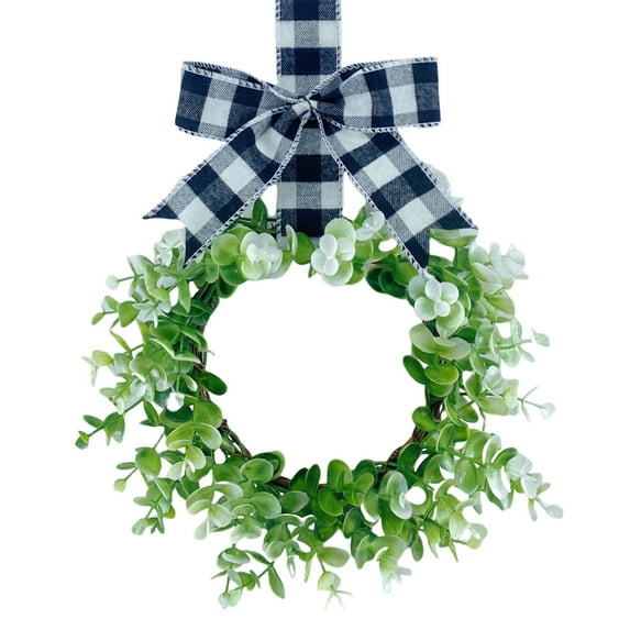 12" Mini Boxwood Wreath Artificial Greenery Farmhouse Wreath with Burlap Ribbon for Front Door Kitchen Cabinet Porch Wall Window Decor, Blue, Wreath