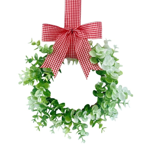 12" Mini Boxwood Wreath Artificial Greenery Farmhouse Wreath with Burlap Ribbon for Front Door Kitchen Cabinet Porch Wall Window Decor, Pink, Wreath