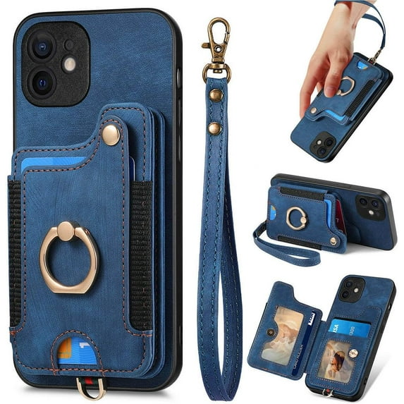 12 Mini Case,Card Holder Wallet for iPhone 12 Mini Case,Ring Holder Stand,RFID-Blocking,Wrist Strap,Camera Protector,Leather Protective Flip Cover for iPhone Mini 12 Case (Blue)
