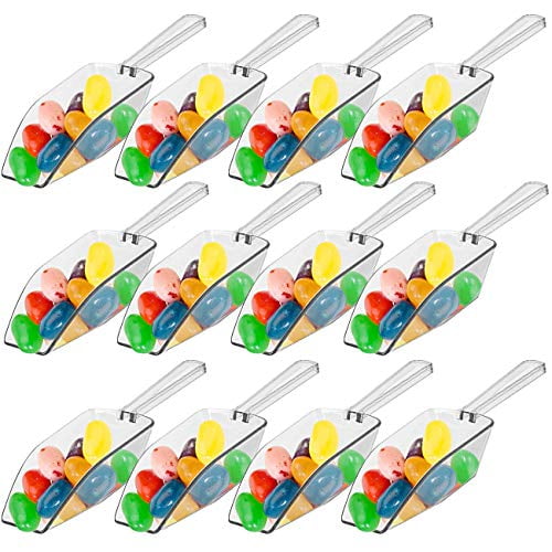 12 Mini Clear Acrylic Flat Bottom Kitchen Scoops, 5.5-Inch Ice Scoops for Weddings, Candy Buffets, Protein Powder, Coffee, Tea and Dessert Serving