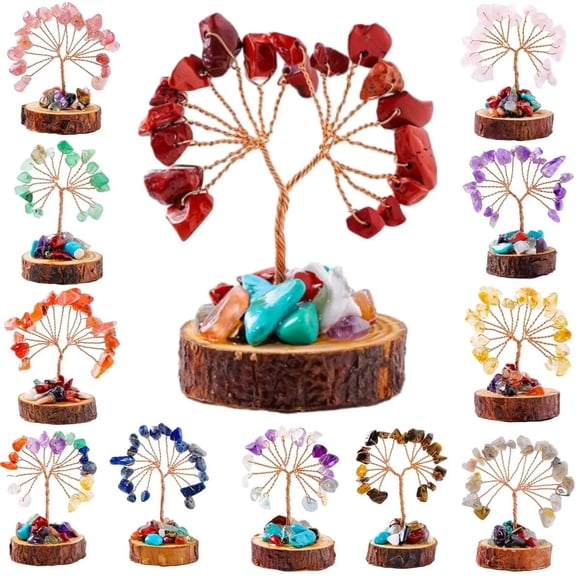 12 Mini Crystal Tree Set Feng Shui Gemstones for Energy Healing, Natural Crystal Wealth Life Money Bonsai Tree Set, Christmas Decorations Good Luck Gift Office Decor(12pcs)