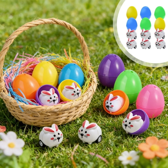 12 Mini Plush Bunny Cars for Easter Basket Decoration - Cute Surprise Eggs for Holiday Parties, Table Decor & Festive Gifts - Perfect for Celebrating Spring Celebrations!