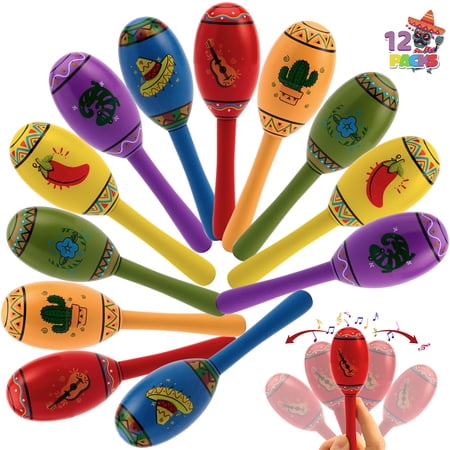 JOYIN 12 Mini Wooden Fiesta Maracas 6 Designs Noisemaker for Mexican Fiesta, Cinco De Mayo Party Favors, Musical Fun, Birthday Parties, Luau Party, Carnivals, Taco Tuesday Event, Educational Toys