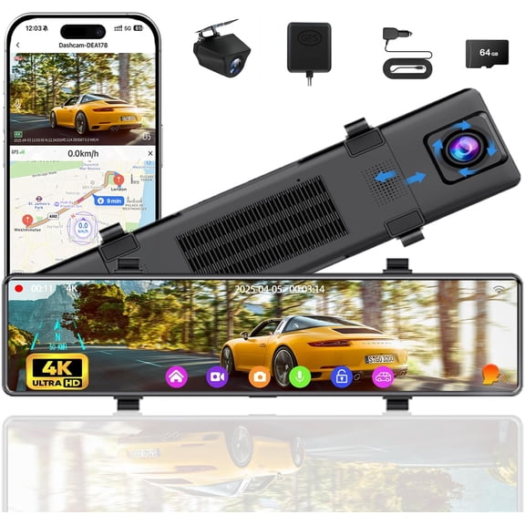 12" Mirror Dash Cam Front and Rear, 4K Dual Dashcam for with Voice Control, WiFi ADAS&BSD&LCA, GPS, Reverse Assist, G-Sensor, 24 Parking , Free 64GB Card