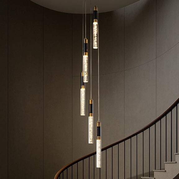 12'' Modern 5-Light Seeded Bubble Glass Cluster Integrated LED Staircase Chandelier Pendant Light In Matte Black