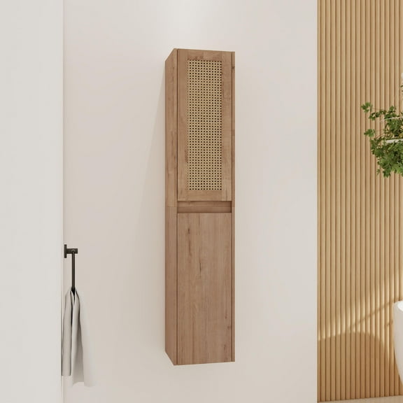 12" Modern Bathroom Side Cabinet with Soft Close Doors, Wall Mounted Plywood Storage Unit in Imitative Oak, 2-Door, Assembly Required, for Home & Hotel Bathrooms