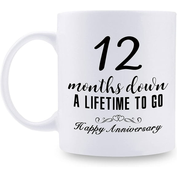 12 Month Anniversary Mugs for Girlfriend Boyfriend - Twelve Month Anniversary Mug for Him Her Couple Lovers - 12 Months Down A Lifetime To Go Happy Anniversary Mug - 11 oz Coffee Mug