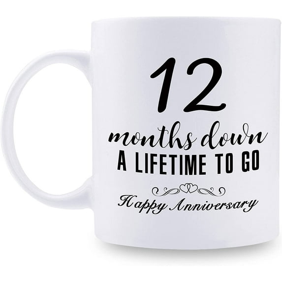 12 Month Anniversary Mugs for Girlfriend Boyfriend - Twelve Month Anniversary Mug for Him Her Couple Lovers - 12 Months Down A Lifetime To Go Happy Anniversary Mug - 11 oz Coffee Mug