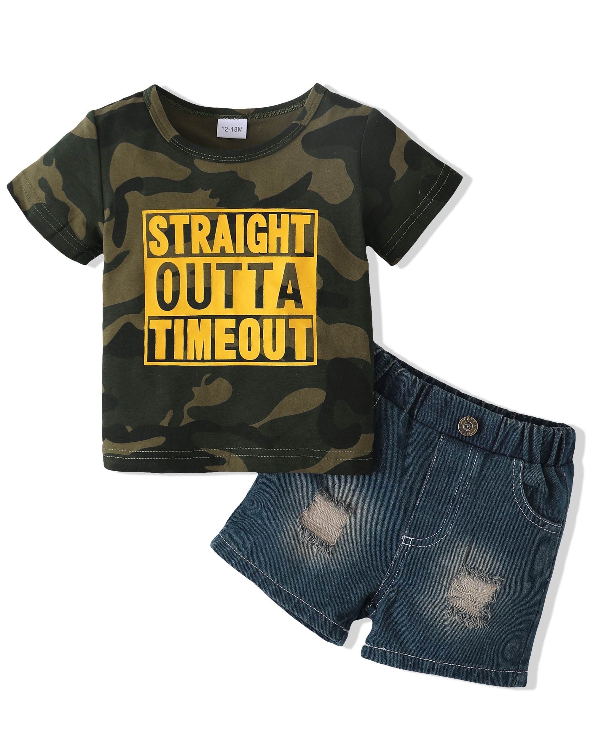 Toddler Boy Clothes Summer Jeans Outfits Camo Green Shirt Ripped Denim