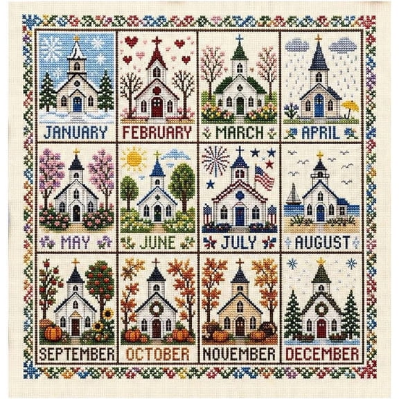 12‑Month Cross Stitch Kit, DIY Four Seasons Embroidery Kit, Church Seasonal Landscape Sampler, Stress‑Relief Hand‑Stitching Supplies, Heartfelt Gift for Grandma Craft Lovers, Farmhouse Wall Art-C