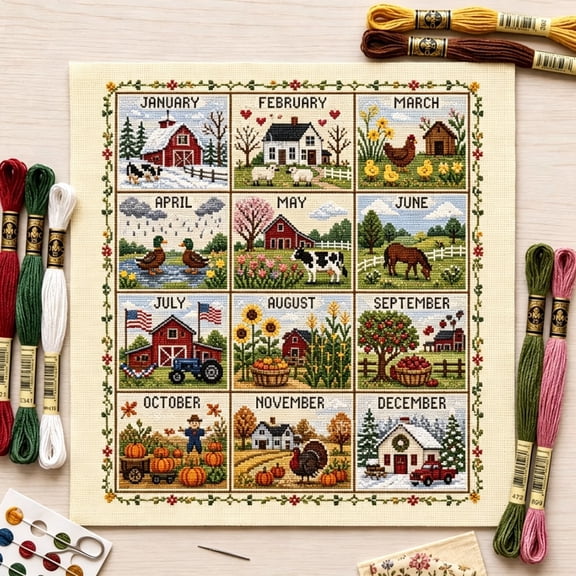 12-Month Four-Seasons Themed Cross-Stitch Kit – Year-Round Calendar Embroidery Set for Home Wall Decor, DIY Handmade Gift