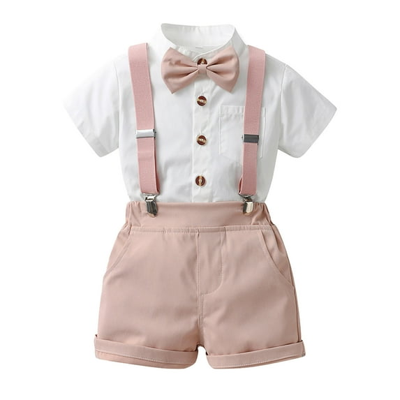 12 Month Summer Boy Clothes 2T Boy Clothes, Boys Girls Summer Gentlemen Cotton Bow Solid Color Short Sleeve Shirt Strap Pants Set