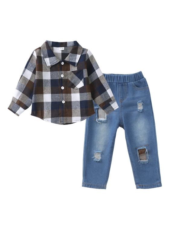12 Months Baby Boys Clothes 18 Months Boys 2PCS Denim Outfits Set Toddler Boys Long Sleeve Plaid Top Denim Pants Set Brown
