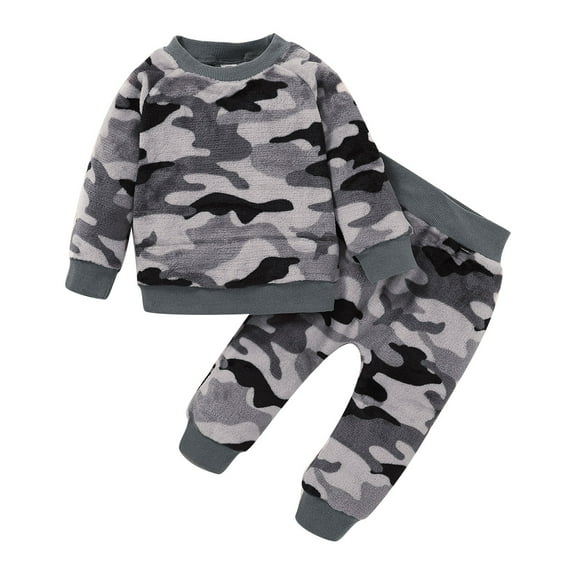 12 Months Baby Boys Clothes 18 Months Boys 2PCS Fall Winter Camo Outfits Set Round Neck Toddler Boys Long Sleeve Top Pants Set Gray