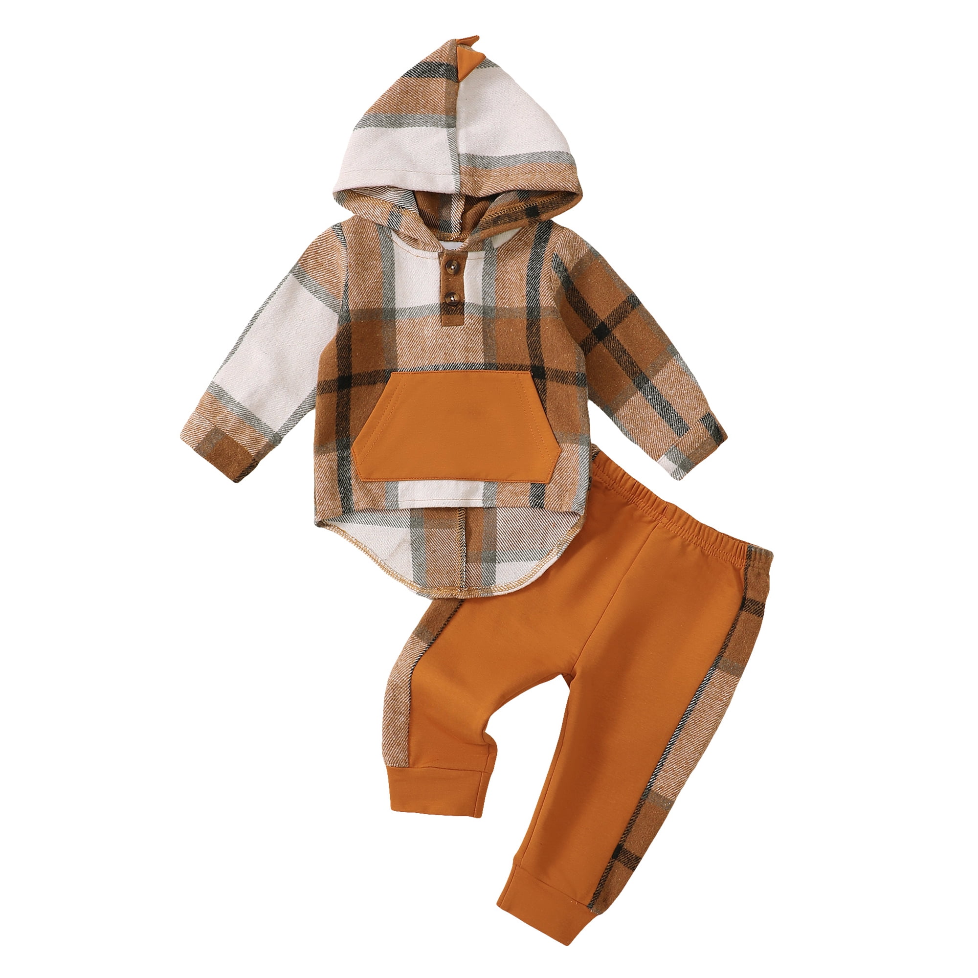 12 Months Baby Boys Clothes 18 Months Boys 2PCS Fall Winter Hoodie Outfits Set Toddler Boys Long Sleeve Plaid Top Pants Set Brown