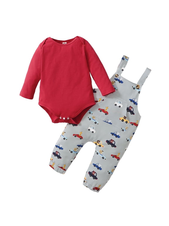 12 Months Baby Boys Clothes 18 Months Boys 2PCS Fall Winter Outfits Cars Print Toddler Boys Long Sleeve Romper Top Overall Pants Set Red
