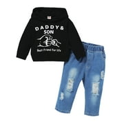 MIOGLRIE 4T Baby Boys Clothes 5T Boys 2PCS Fall Winter Outfits Letter Print Toddler Boys Long Sleeve Hoodie Top Jeans Pants Set Black
