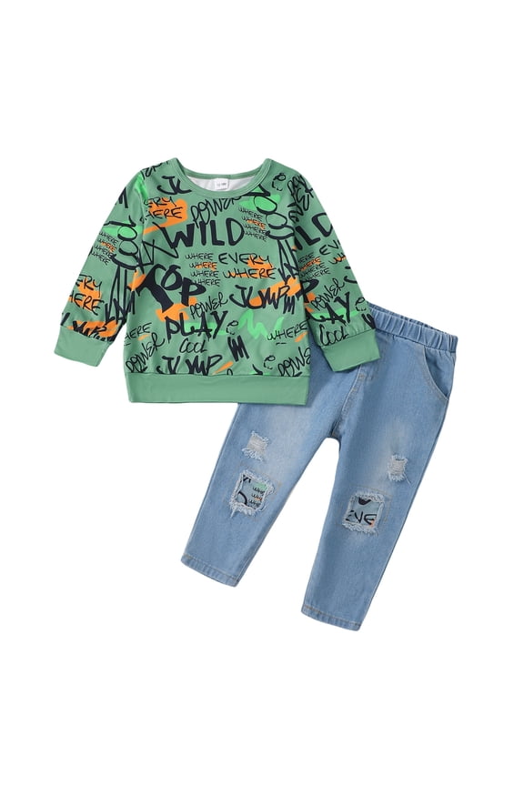 12 Months Baby Boys Clothes 18 Months Boys 2PCS Fall Winter Outfits Set Letter Print Round Neck Toddler Boys Long Sleeve Top Denim Pants Set Green