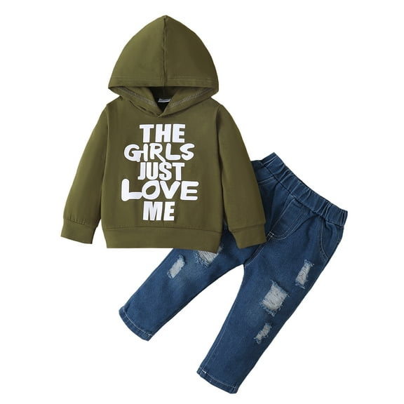 12 Months Baby Boys Clothes 18 Months Boys 2PCS Hoodie Outfits Set Letter Print Toddler Boys Long Sleeve Top Denim Pants Set Green