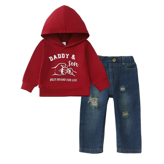 12 Months Baby Boys Clothes 18 Months Boys Fall Winter Pant Set Toddler Boys Long Sleeve Letter Print Hooded Top Jeans Pants 2PCS Outfits Set Red
