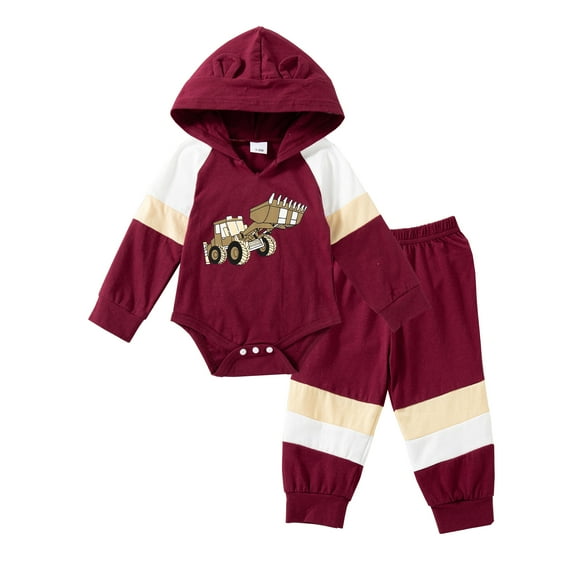 12 Months Baby Boys Clothes 18 Months Boys Pant Set Toddler Boys Long Sleeve Excavator Print Hooded Top Pants 2PCS Outfits Set Red