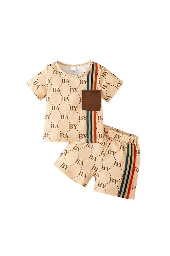12 Months Baby Boys Clothes Baby Boys Outfits 12-18 Months Toddler Baby Boys Short Sleeve Monogram Top Shorts 2PCS Set Apricot