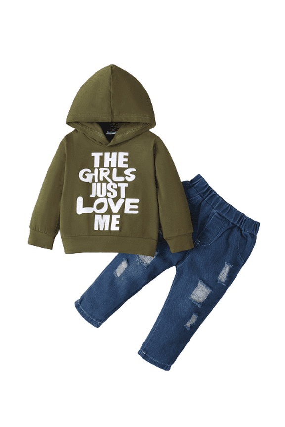 12 Months Baby Boys Fall Winter Outfits 18 Months Infant Boys Pants Sets Letter Graphics Print Long Sleeve Hoodies Tops Ripped Jeans Demin Trousers 2Pcs Clothing 12M-4Y Army Green