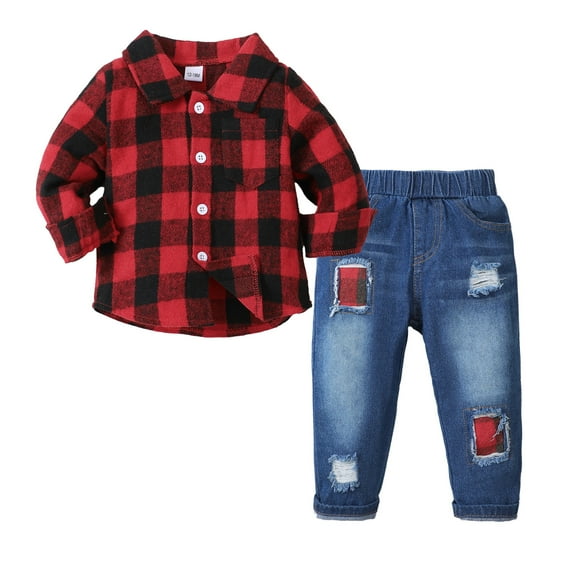 12 Months Baby Boys Outfits 18 Months Boys 2PCS Denim Outfits Set Toddler Boys Long Sleeve Plaid Top Denim Pants Set Red