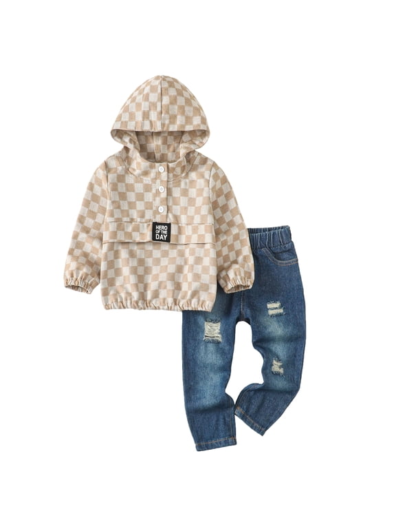 12 Months Baby Boys Outfits 18 Months Boys Pant Sets Toddler Boys Long Sleeve Hooded Top Jeans Pants Set Apricot