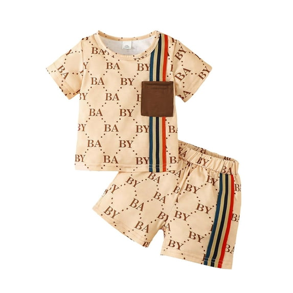 12 Months Baby Boys Summer Clothes 18 Months Boys 2PCS Outfits Set Letter Print Round Neck Toddler Boys Short Sleeve Top Shorts Set Apricot