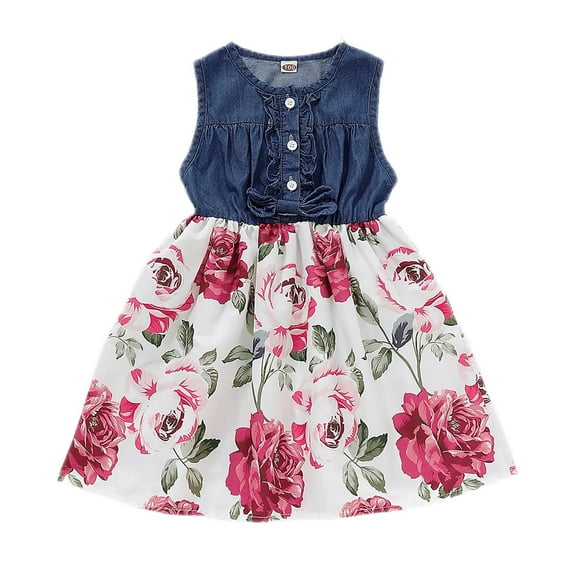 12 Months Baby Girl Clothes 24 Months Toddler Girls Summer Dress Sleeveless Jeans Dress Floral Denim Dress Dark Blue