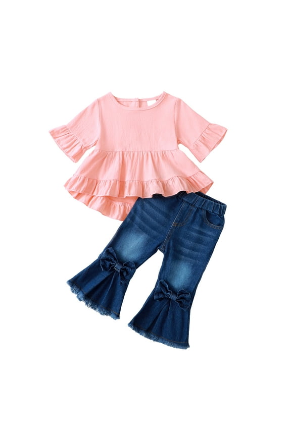 12 Months Baby Girls Clothes 18 Months Girls 2PCS Denim Outfits Set Solid Color Toddler Girls Medium Sleeve Top Denim Pants Set Pink